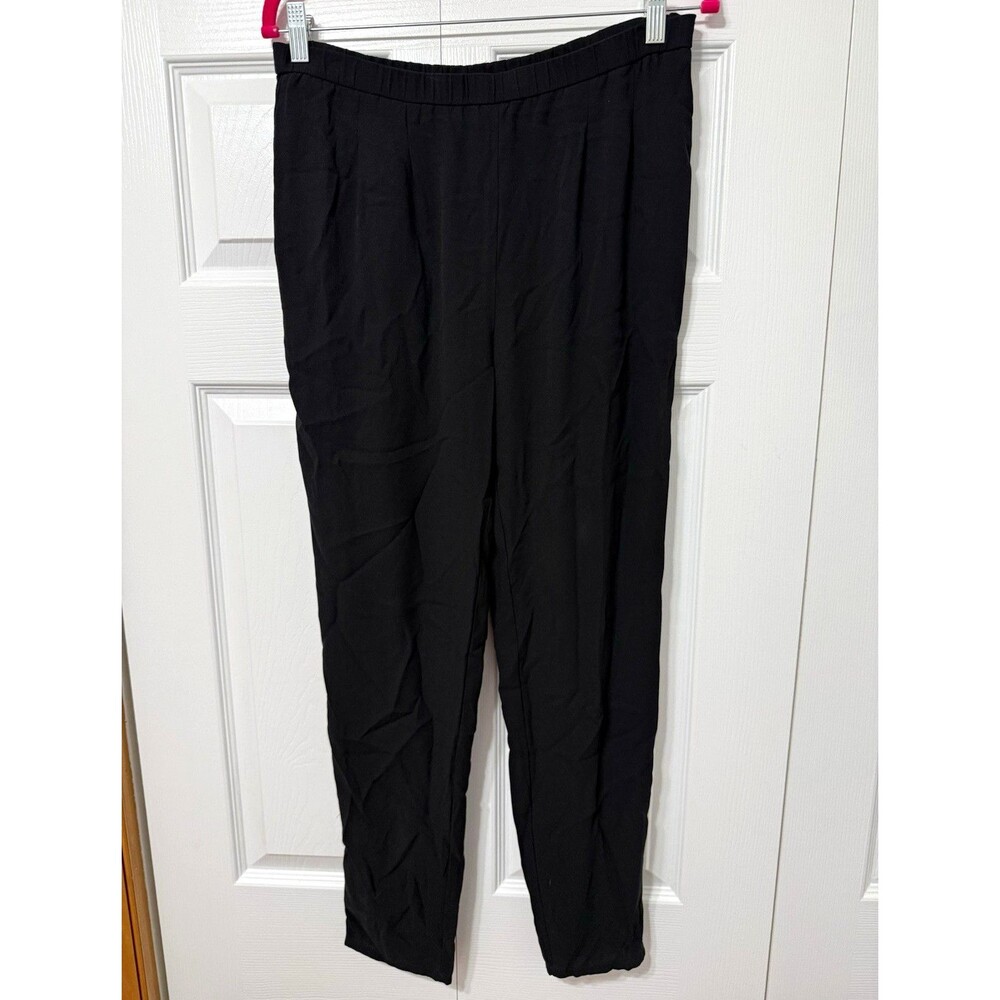 Eileen Fisher Black Silk Crepe Pull-On Pants Elastic Waist Pockets XS